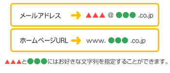 メールアドレス ▲▲▲＠○○○.co.jp ホームページURL www.○○○.co.jp ▲▲▲と○○○にはお好きな文字列を指定することができます。